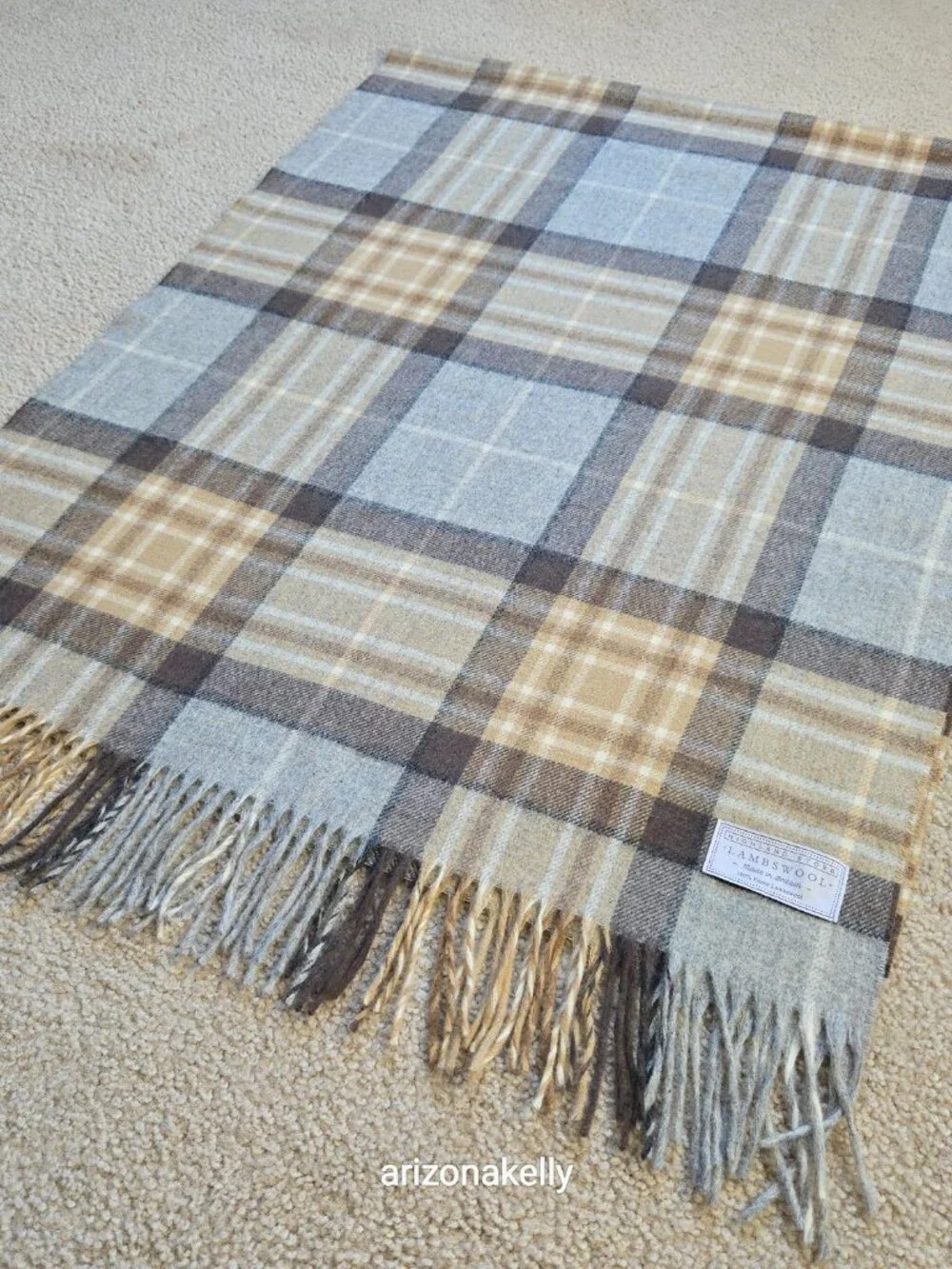 NWOT Highland Store Lambswool Scarf Tan & Grey Plaid Made in Britain